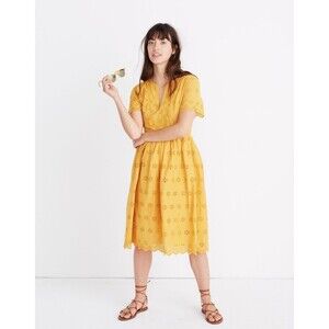 Madewell Scalloped Eyelet Midi Dress Size 2 Mustard Yellow Peekaboo Lace Summer